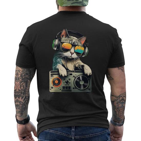 Dj Cat In Sunglasses Cat Dj Cat With Headphones Boombox Men s T shirt Back Print Monsterry