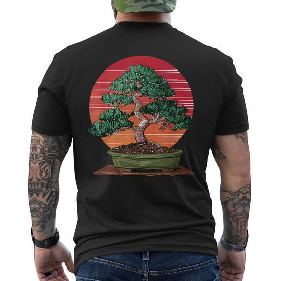Retro Japanese Bonsai tree on Vintage Sunset T-Shirt, Men's, Size: Small, Black