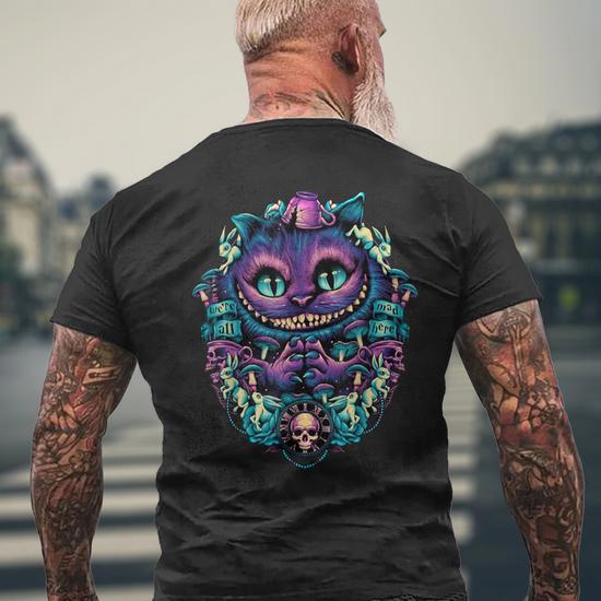 Alicia En El Pais De Las Maravillas Cheshire Gato Todo Loco Aqui Camiseta Hombre Estampado Espalda Regaloses