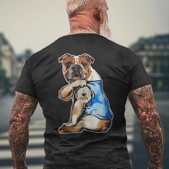 English Bulldog I Love Mom Tattoo Apparel Dog Mom Men s T shirt Back Print Mazezy