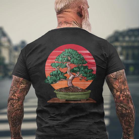 Retro Japanese Bonsai tree on Vintage Sunset T-Shirt, Men's, Size: Small, Black