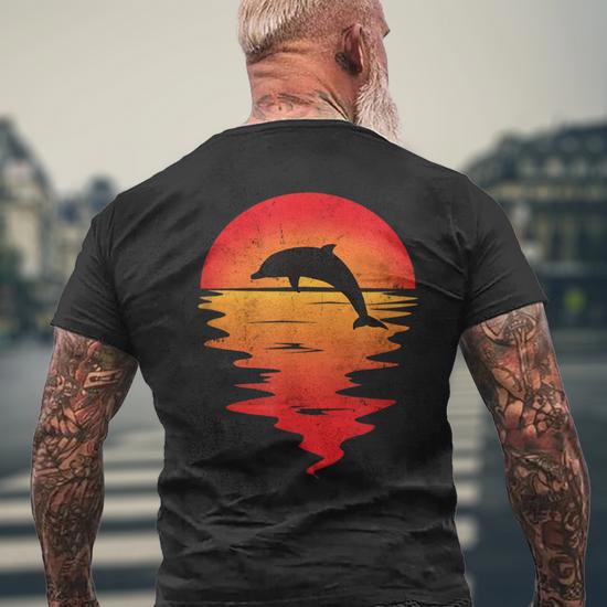 Retro Dolphin Sunset Romantic Vintage Dolphin Men s T shirt Back Print Monsterry