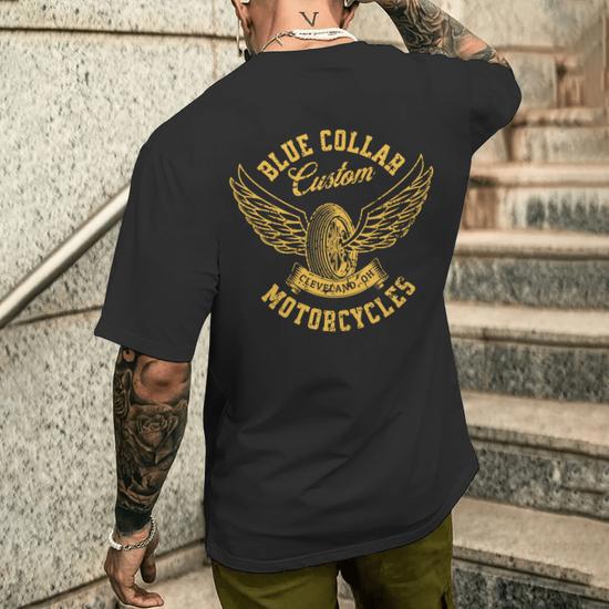 Blue Collar Custom Motorcycles Cleveland Ohio Vintage Men s T shirt Back Print Monsterry