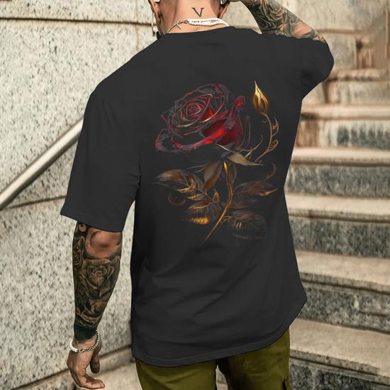 Deep Red Rose Black And Gold Graphic Men s T shirt Back Print Seseable CA