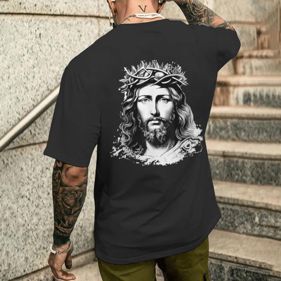 Face Of Jesus Christ Crown Of Thorns Catholic Faith Men s T shirt Back Print Seseable CA