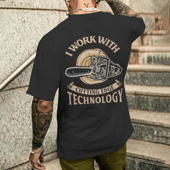 Lumberjack Arborist Logger Woodwork Meme Chainsaw Gif Men s T shirt Back Print Mazezy