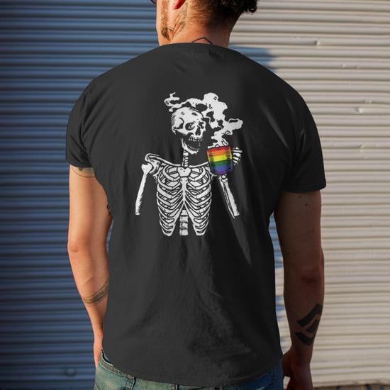 Skeleton Drinking Coffee Gay Pride Skull Lgbt-Q Ally Mens Back 