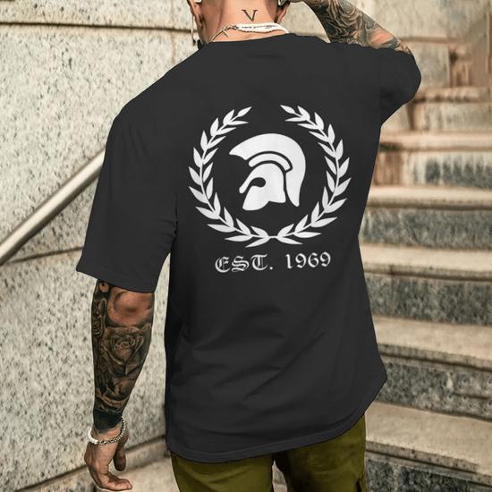 T-shirt Trojan Homme Noir Imprimé Rétro - Col Et Manches Contrastées - Coton Confortable