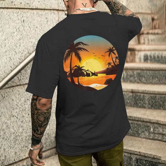 Tropical Sunset Mountains Beach Vacation Palm Trees Forest Men's T