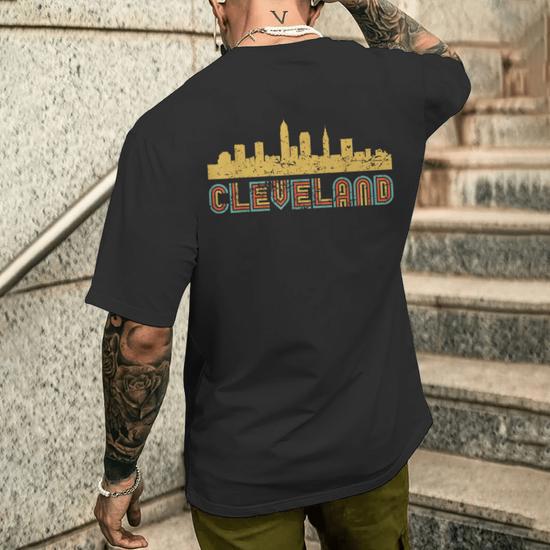 Vintage Retro Cleveland Ohio Skyline Men s T shirt Back Print Monsterry