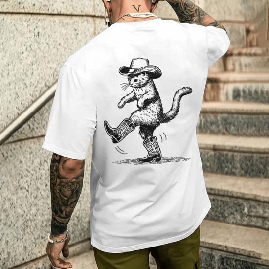 Cute Cat With Cowboy Hat Boots Cowgirl Western Country Men s T shirt Back Print Seseable UK