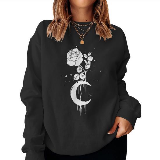 Red Flower Rose Moon E Boy E Girl Aesthetic Grunge Clothing Women Sweatshirt Monsterry