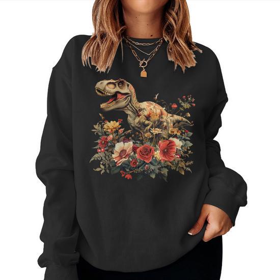 Trex Dinosaur Dino Floral Flower Women Sweatshirt Monsterry