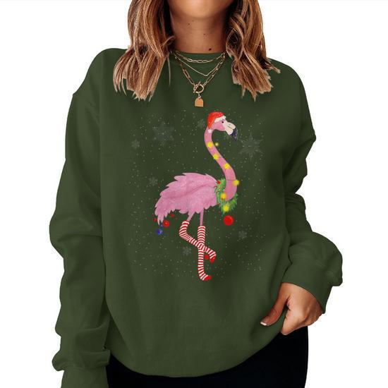 Cute Pink Flamingo With Snow Lights And Santa Hat Christmas Women Sweatshirt Monsterry