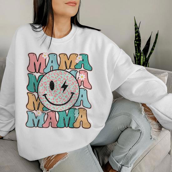 Mama Leopard Smile Bolt Lightning Checkered Groovy Mom Life Women Sweatshirt Seseable UK