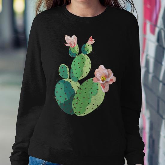 Beautiful Cactus Tree Pink Flowers Hand Drawn Painting Women Sweatshirt Monsterry