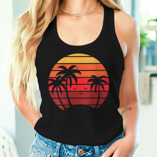 Palmeras Del Oceano Pacifico Con Diseno Retrointage Sunset Cuello Camiseta sin mangas para mujer Regaloses