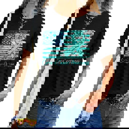 Ovarian Awareness T-Shirt American Flag Teal Ribbon Top Tee Ovarian Awareness T-Shirt American Flag Teal Ribbon Top Tee