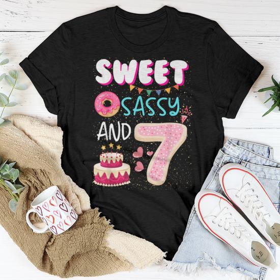 Sweet Sassy And Seven 7Th Birthday Girl Donut 7 Year Old Kid Women T shirt Seseable UK