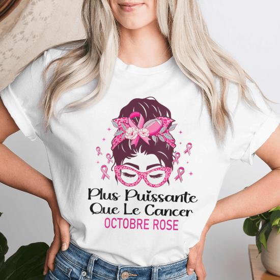 T-shirt Femme Octobre Rose 2025 - Sensibilisation Cancer Du Sein, Message 'Plus Puissante Que Le Cancer' - Col V