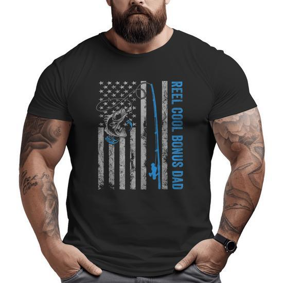 Reel Cool Bonus Dad American Flag Fishing Father's Day Big and Tall Men  T-shirt