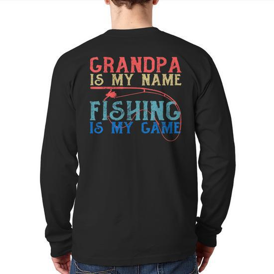 Mens Cool Grandpa Fishing Shirt Fisherman Men Fathers Day Back Print Long  Sleeve T-shirt