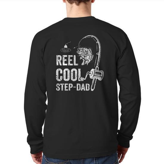 Mens Reel Cool Step-Dad Fishing Father's Day Back Print Long Sleeve T-shirt