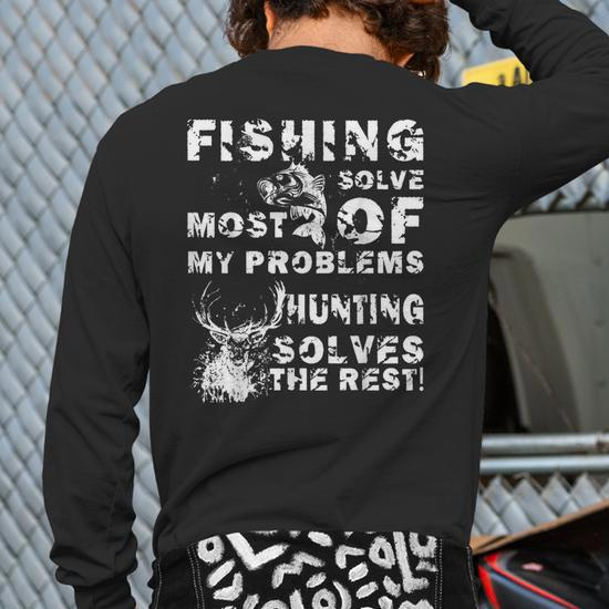 Fishing Hunting T Men Dad Father Distressed Back Print Long Sleeve T-shirt