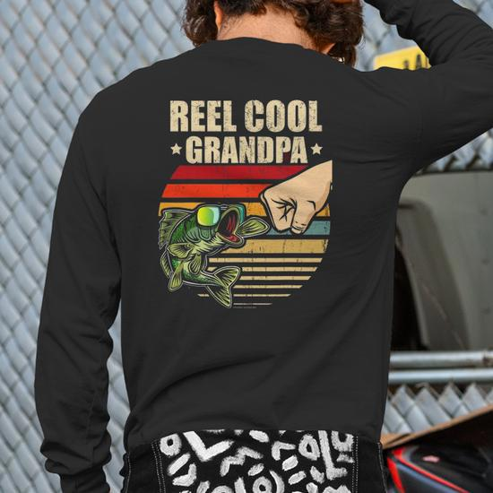 Reel Cool Grandpa Retro Fishing Father's Day Fist Bump Back Print Long  Sleeve T-shirt