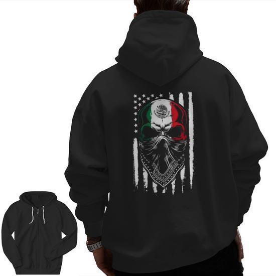 Mexican Skull Proud Mexican American Flag Zip Up Hoodie Back Print Mazezy