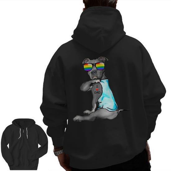 Pitbull Gay Lgbt Pride I Love Dad Tattoo Dog Pitbull Zip Up Hoodie Back Print Mazezy