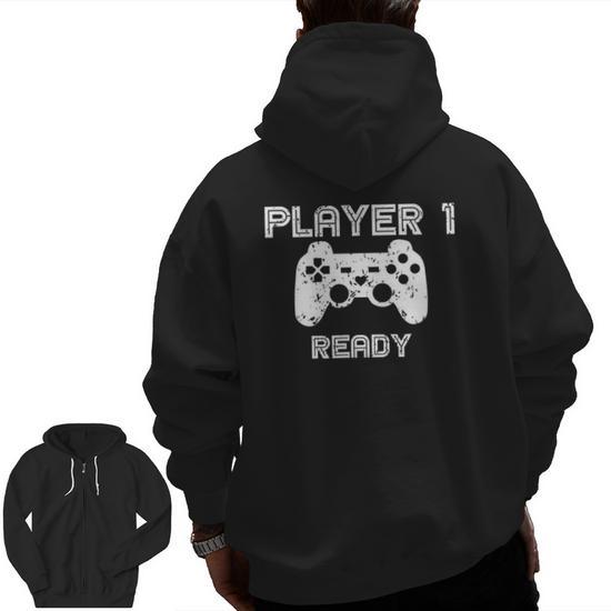 Player 1 Ready Gamer Gaming For New Dad Zip Up Hoodie Back Print Mazezy