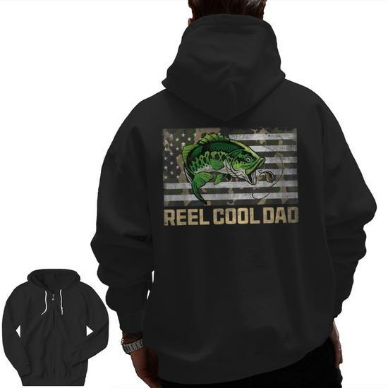 Reel Cool Dad Camouflage Flag Father's Day Fisherman Fishing Zip Up Hoodie  Back Print