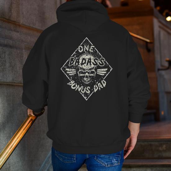 Mens One Badass Bonus Dad Zip Up Hoodie Back Print Mazezy