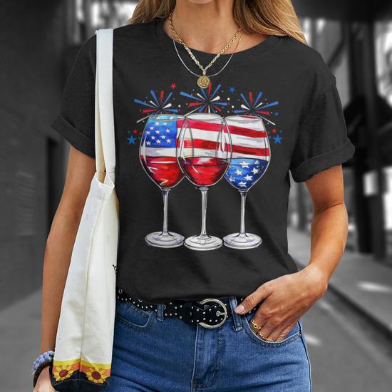 American Flag Wine Glasses 4th Of July Red White And Blue T Shirt