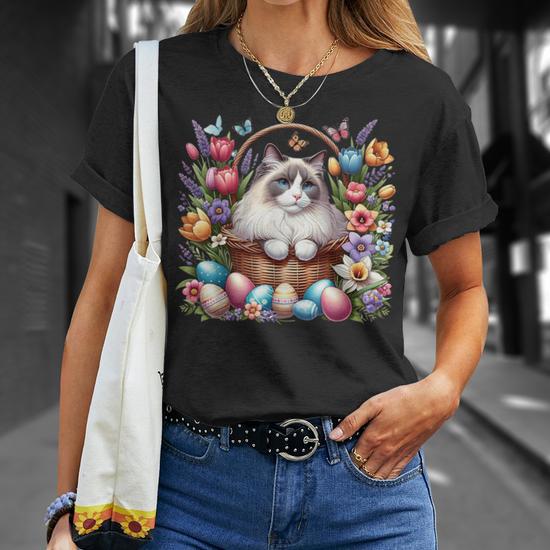 Cute Ragdoll Cat Surrounded By Eggs And Spring Flowers T Shirt Seseable UK