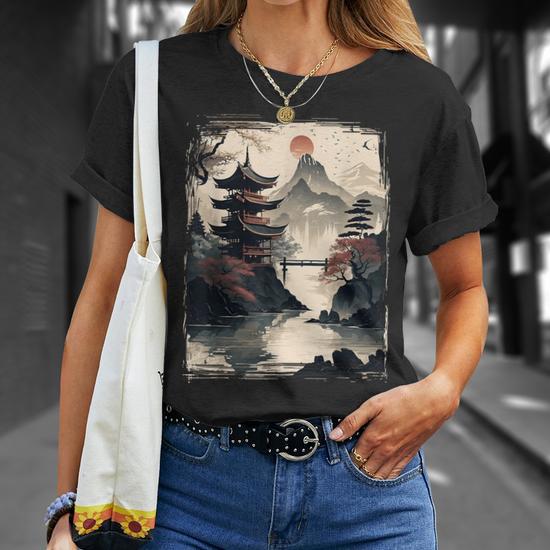 ヤヨマウンテンビューページ Vintage Japanese Flower Mountain View Landscape Graphic T-Shirt