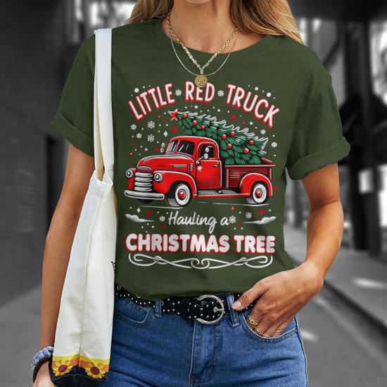 Merry Christmas Red Truck Graphic Tee – Vintage Style Long Sleeve Holiday Shirt (X-Large, Red)