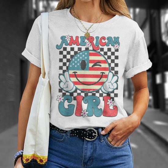 Retro American Girl 4Th Of July Smile Checkered Girls T Shirt Monsterry