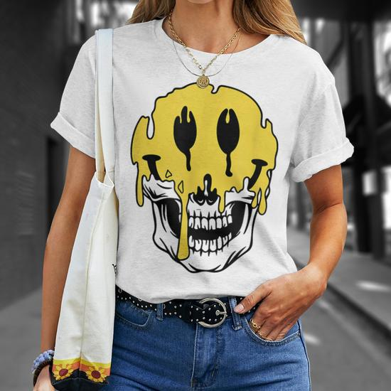Y2k Smiling Skull Face Cyber Streetwear Graphic T-Shirt - Monsterry