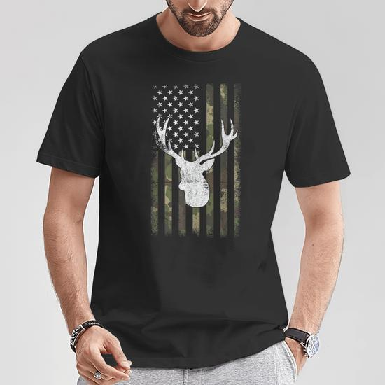 Camo Deer American Flag Graphic Hunting Men Dad Boys T-Shirt