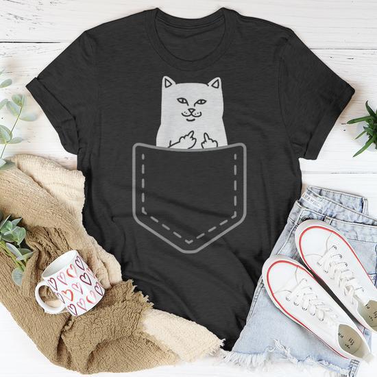 T shirt cat in fashion pocket flipping off