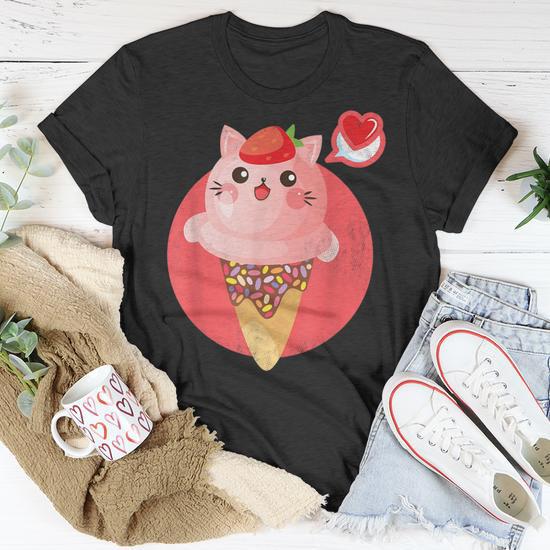 Kawaii Cute Cat Ice Cream Sprinkle Cone Strawberry Top Heart T Shirt Monsterry AU