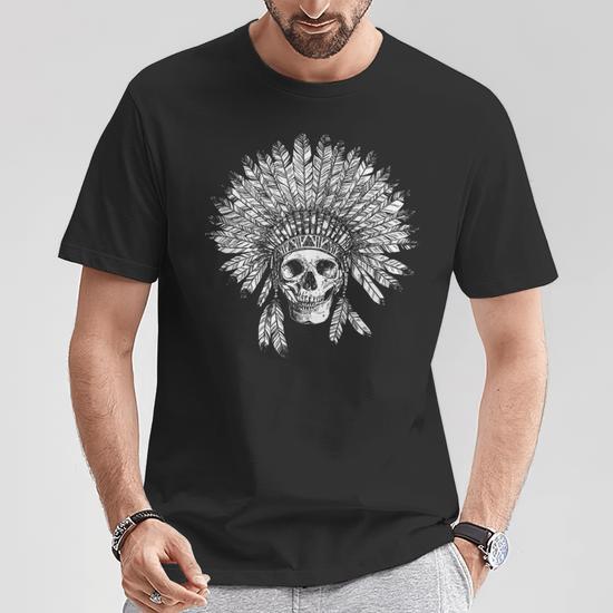 Skull And Headdress Tribal Feathers Eagle Wolf T-Shirt - Monsterry