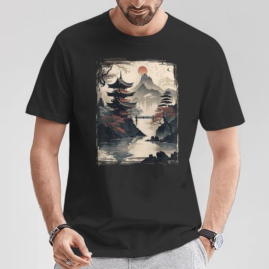 Vintage Japanese Flower Mountain View Landscape Graphic T-Shirt
