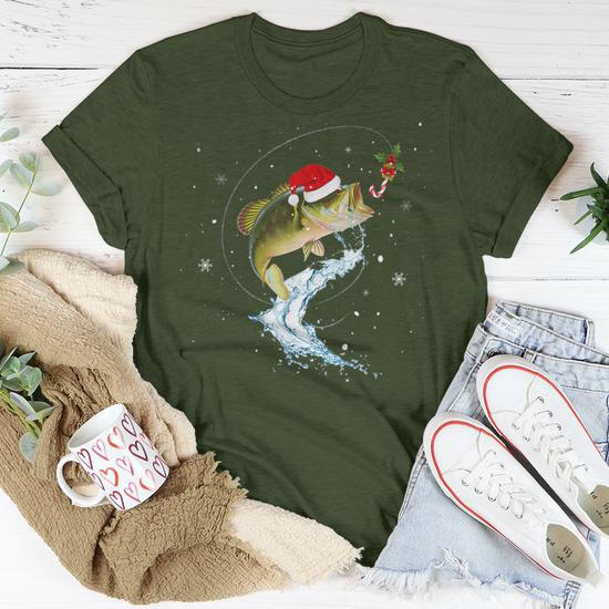 Bass Fishing Santa Hat Christmas Pajama Fishermen Fish T Shirt Monsterry