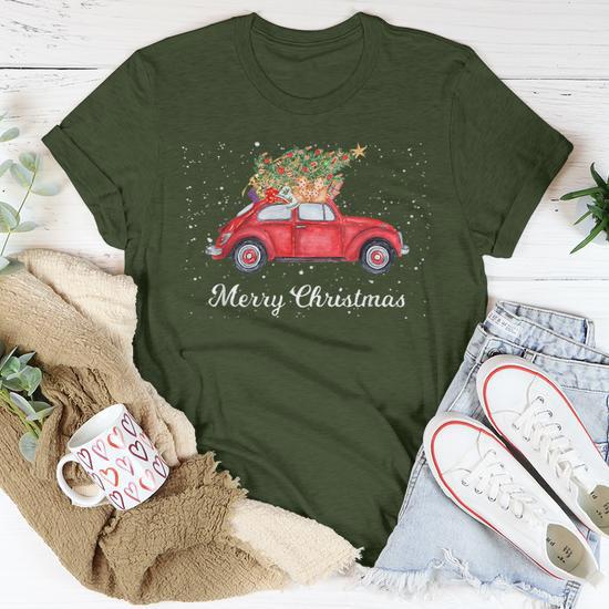 Cute Christmas Tree On Car T-Shirt For Women - Funny Holiday Vacation Tee, Short Sleeve Graphic Top