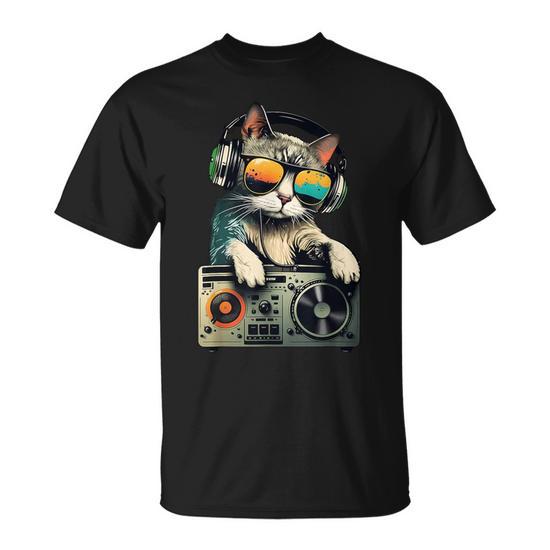 Dj Cat In Sunglasses Cat Dj Cat With Headphones Boombox T Shirt Monsterry