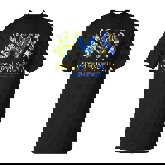 Peace Love T21 Down Syndrome Awareness Blue Yellow Ribbon T-Shirt Peace Love T21 Down Syndrome Awareness Blue Yellow Ribbon T-Shirt