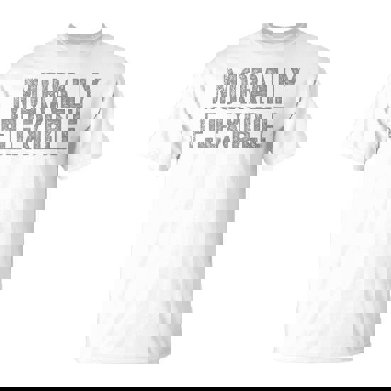 Morally Flexible Grey (Gray) Distressed Font On Blue T-Shirt